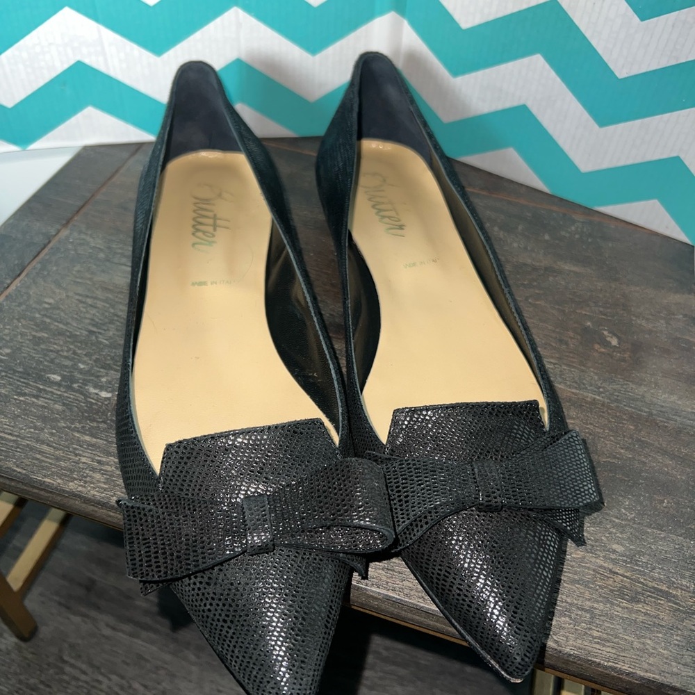 Butter Made in Italy Black Glitter Bow Pointed Toe Flats Women's Size 9.5